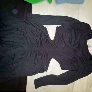 Ruched Black Long Sleeve Dress with Front Cutout
